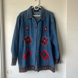Vintage Embroidered Denim Jacket with Colorful Patterns